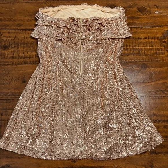 🥂Free People New Frida Ruffle Mini Dress Sequined Bronze 6 Cocktail Party - Picture 9 of 13
